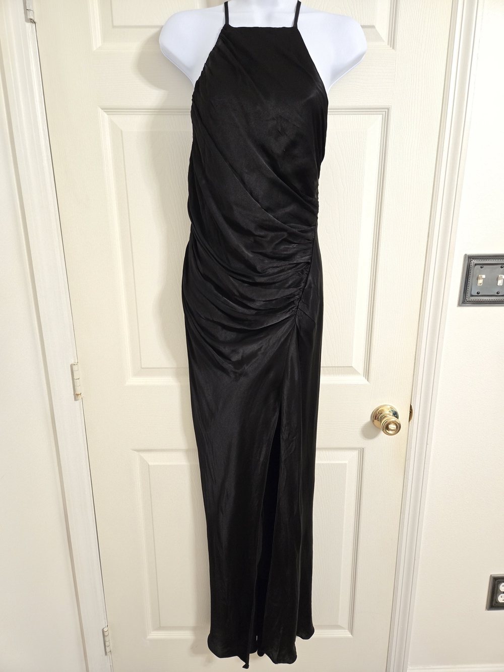 Mable Black Halter Ruched Satin Evening Dress Size Medium